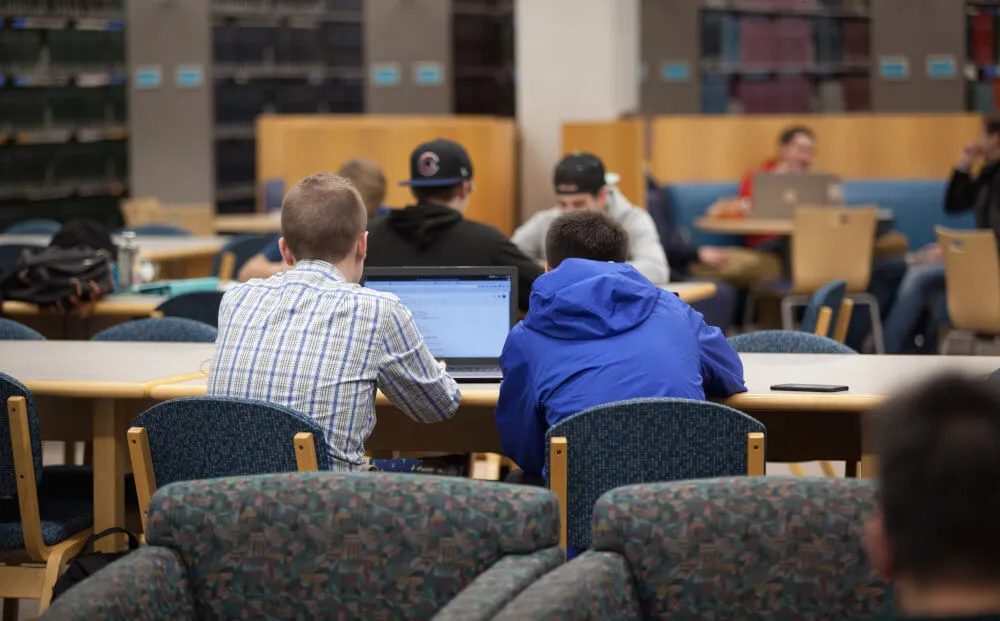 Pair of students in the library working on a computer. 